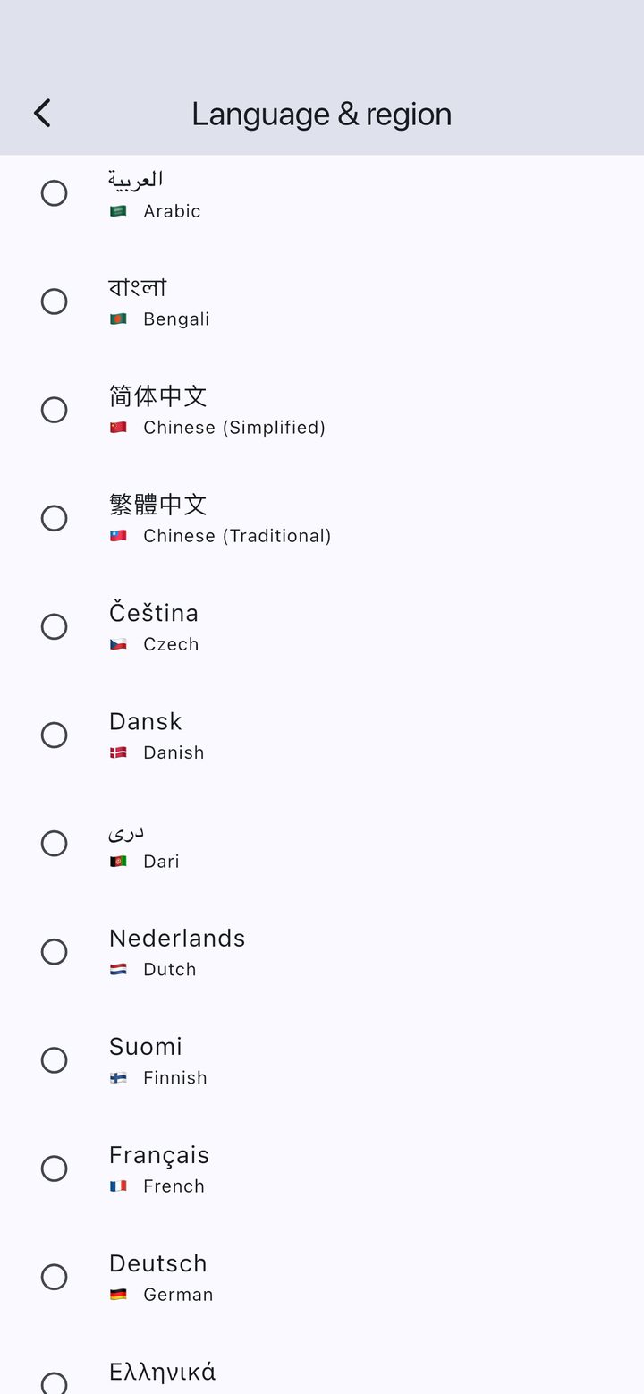 ScanGo on iPhone — language picker with 27 available languages