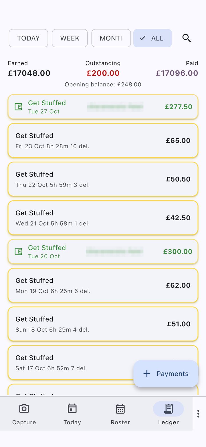ScanGo on iPhone — ledger showing earned, outstanding and paid totals across recent shifts
