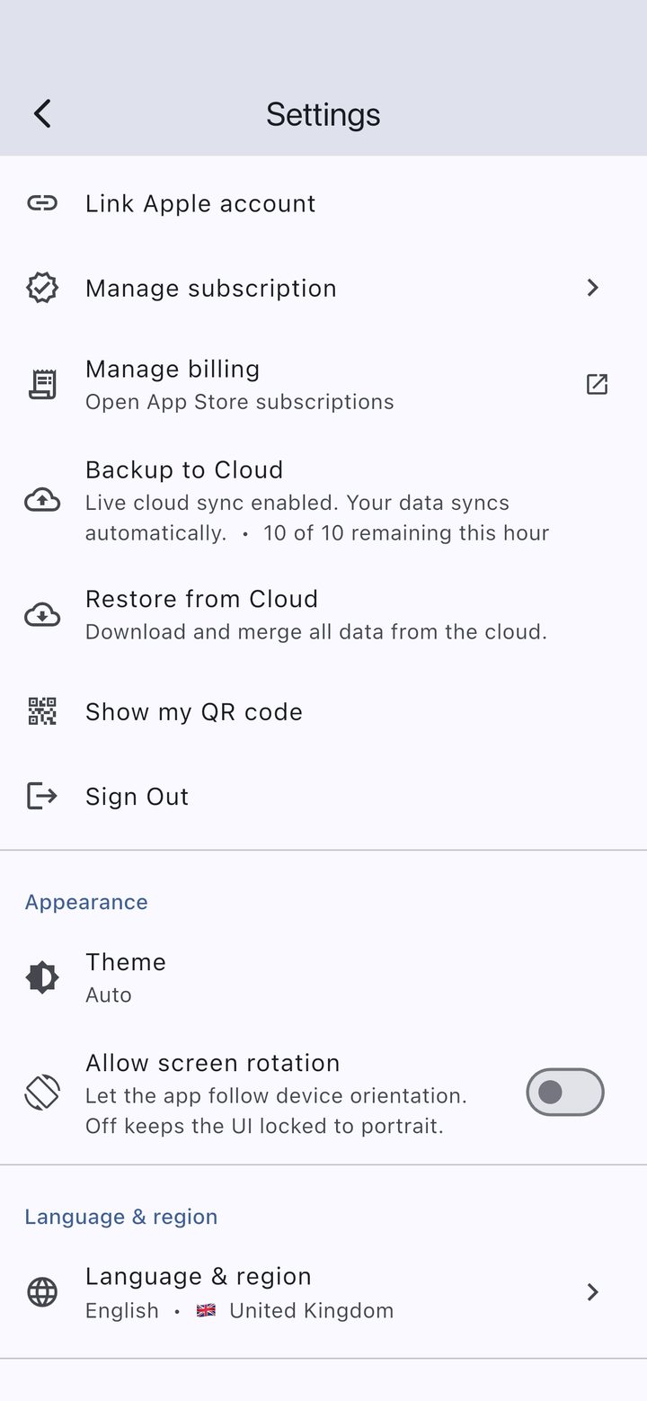 ScanGo on iPhone — settings with cloud sync and account options