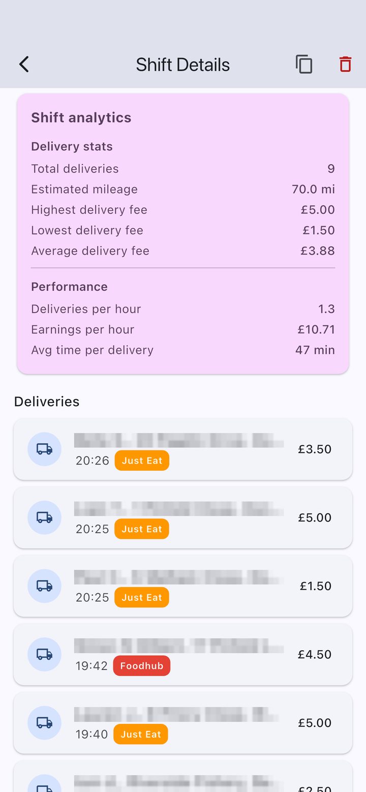 ScanGo on iPhone — shift details listing each delivery with its platform badge