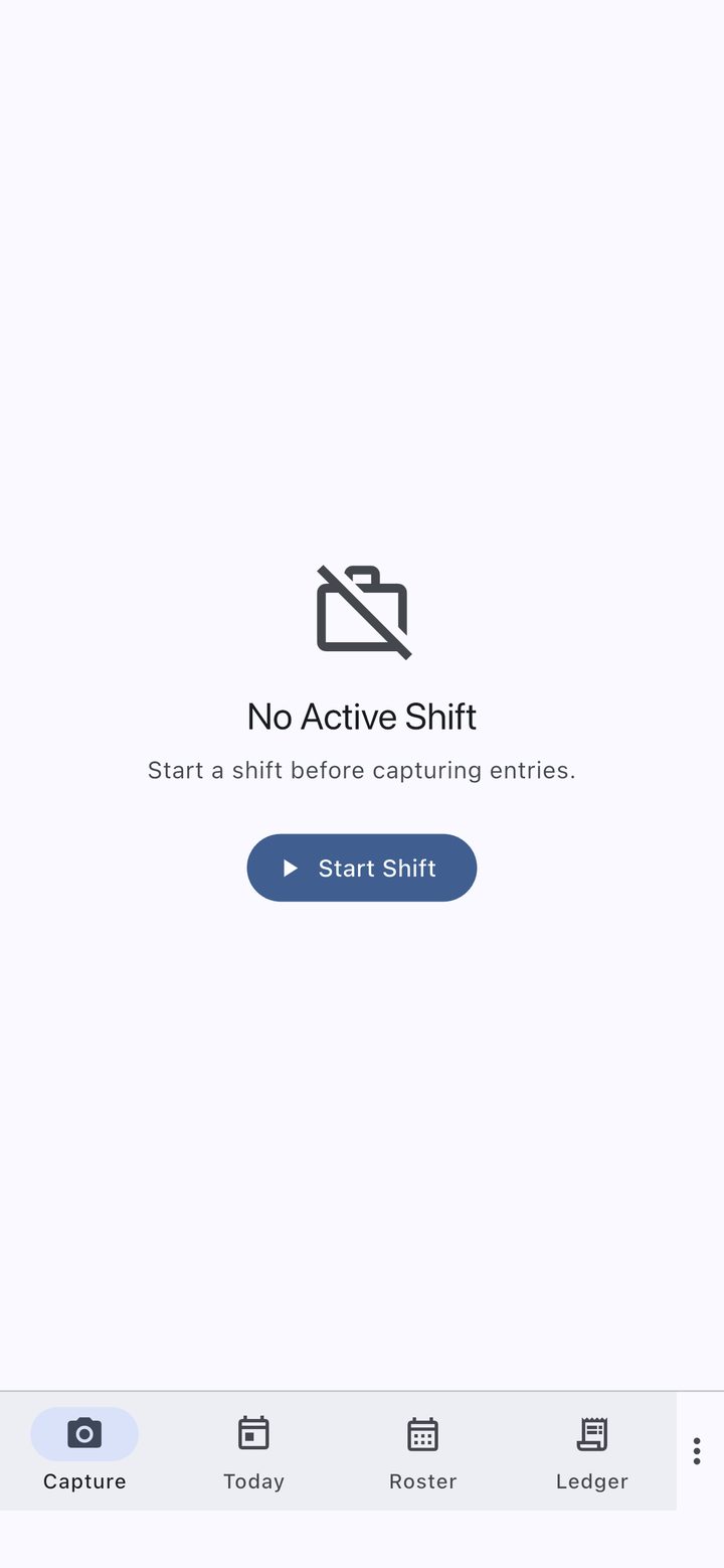 ScanGo on iPhone — capture screen ready to start a shift