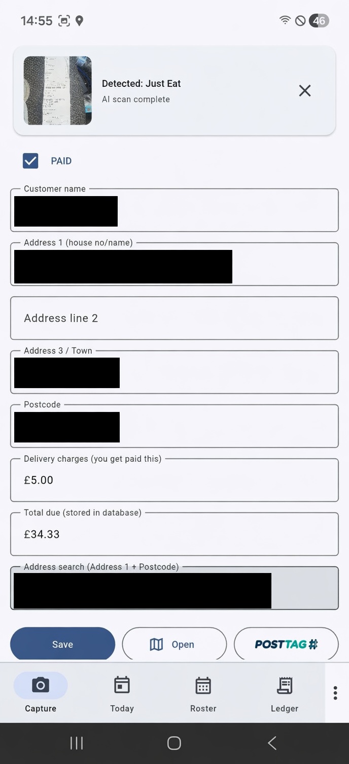ScanGo after an AI receipt scan — customer name, address, postcode and totals auto-filled, with Save, Open in Maps, and the branded POSTTAG button along the bottom for one-tap to-the-door navigation