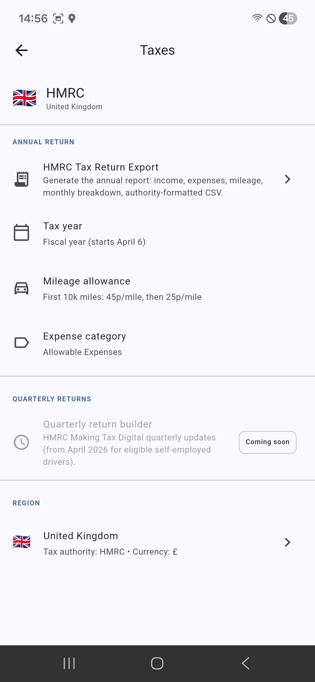 HMRC tax export screen with annual return, mileage allowance, and quarterly MTD preview
