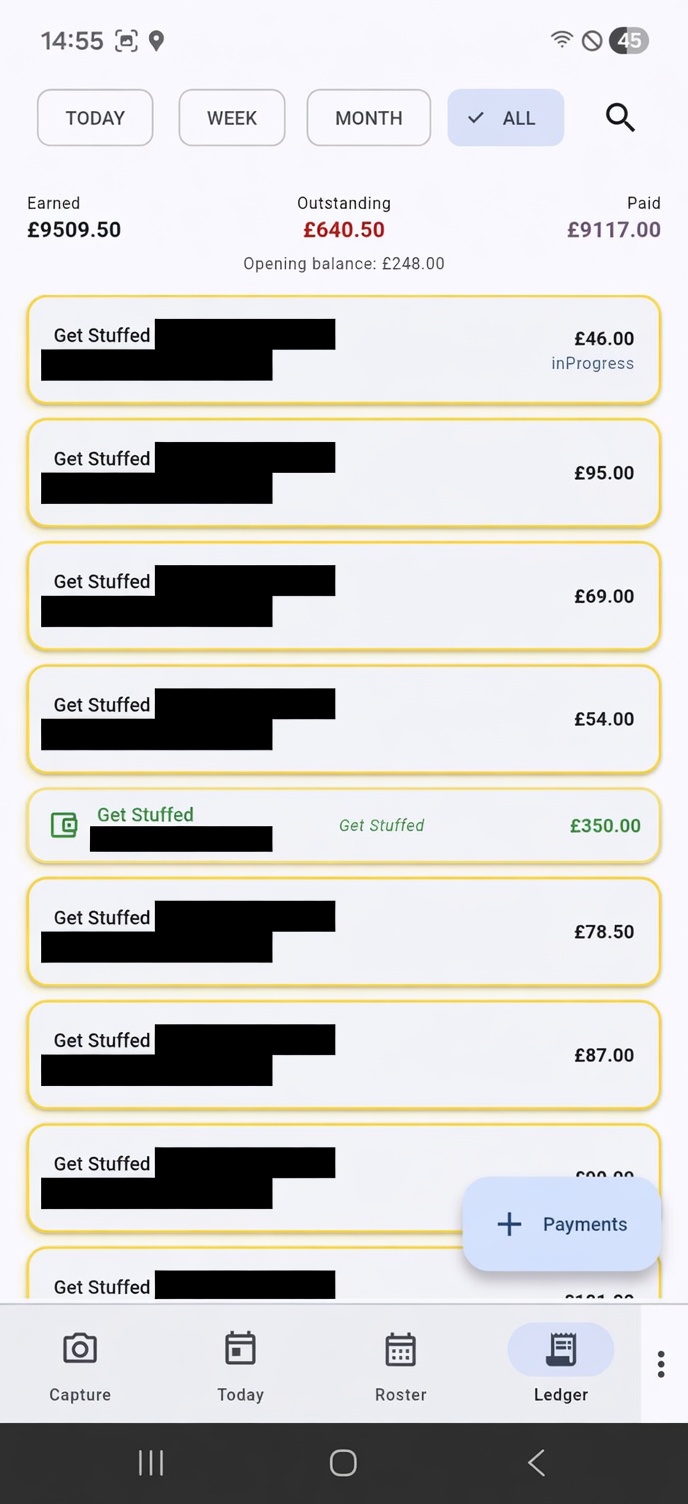 ScanGo on Android — ledger showing earned, outstanding and paid totals across recent shifts